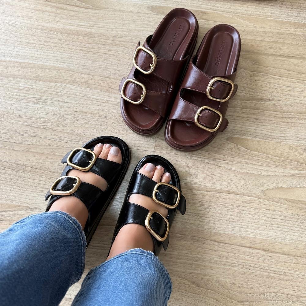 Sandália Flat Maya Preto Fivelas Dourada Preto 2