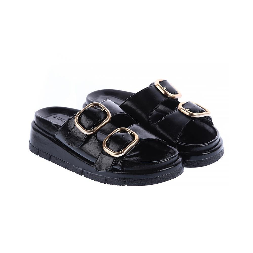 Sandália Flat Maya Preto Fivelas Dourada Preto 3