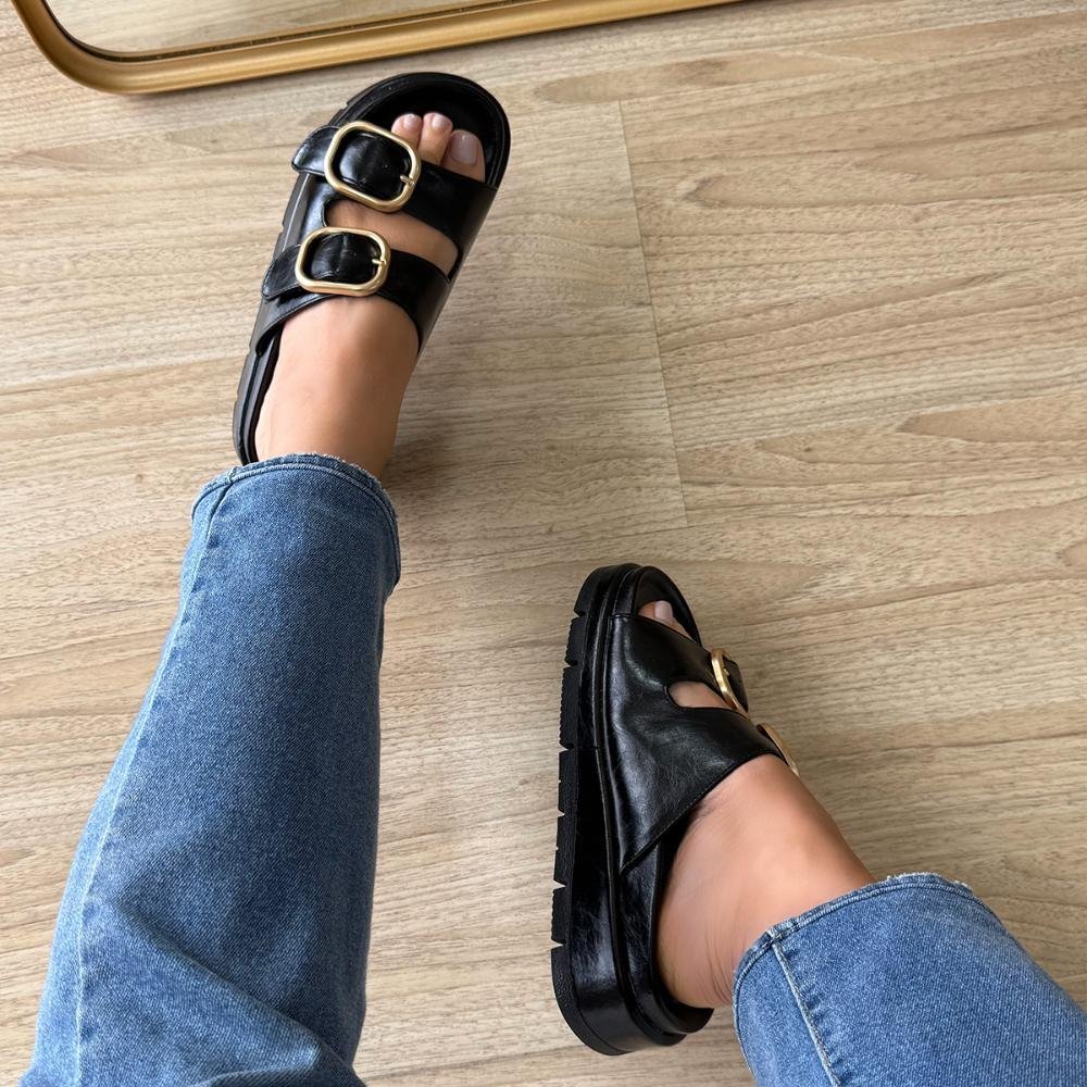Sandália Flat Maya Preto Fivelas Dourada Preto 5