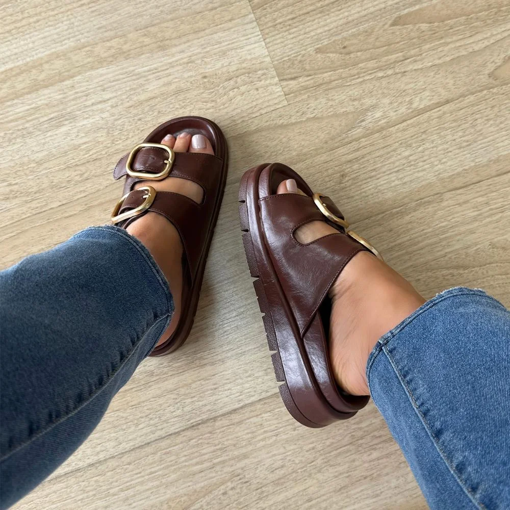 Sandália Flat Maya Marrom Fivelas Dourada Marrom 4