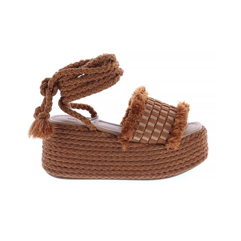 Hellen - Sandália Plataforma de Cordas Caramelo com Amarração