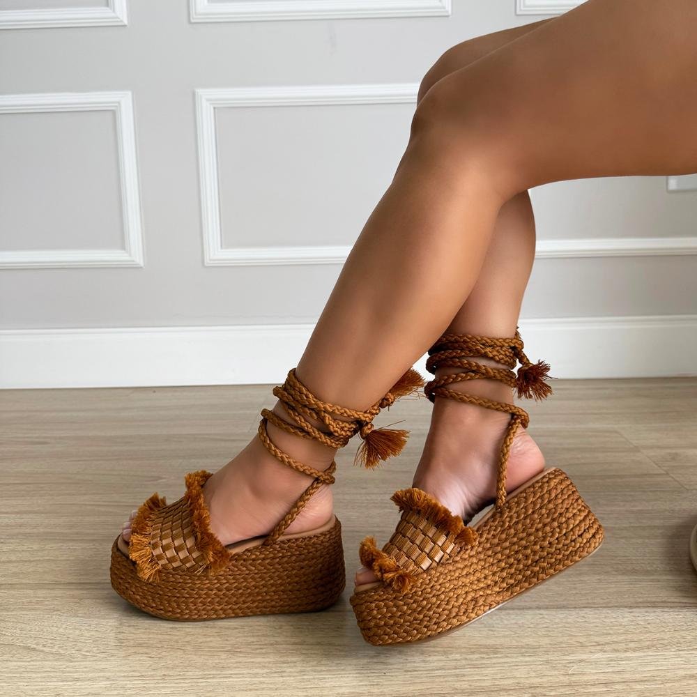 Hellen - Sandália Plataforma de Cordas Caramelo com Amarração Caramelo 5