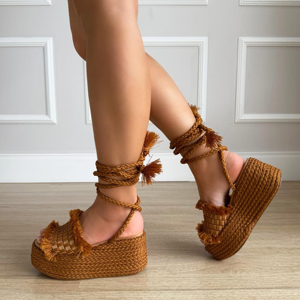 Hellen - Sandália Plataforma de Cordas Caramelo com Amarração Caramelo 6