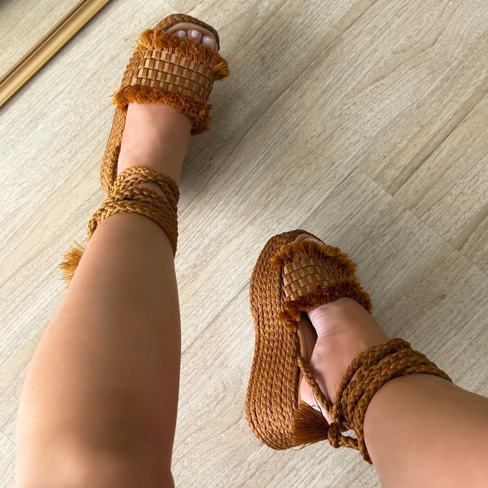 Hellen - Sandália Plataforma de Cordas Caramelo com Amarração Caramelo 8