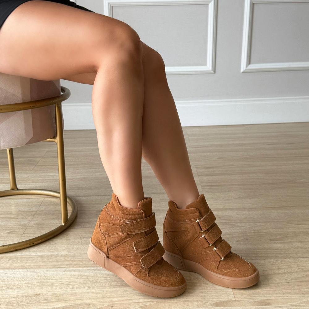 Mabi - Tênis Sneaker Caramelo com Salto Anabela Embutido Marrom 7