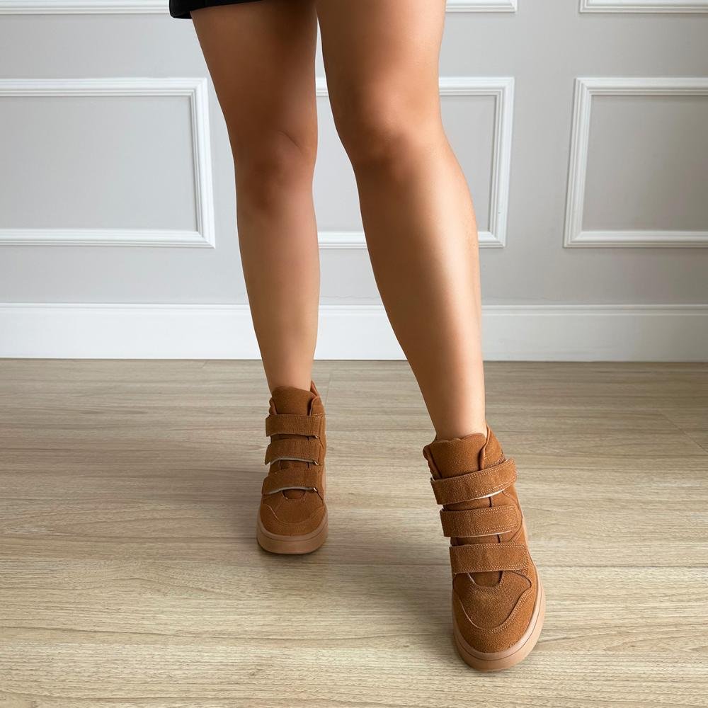 Mabi - Tênis Sneaker Caramelo com Salto Anabela Embutido Marrom 8