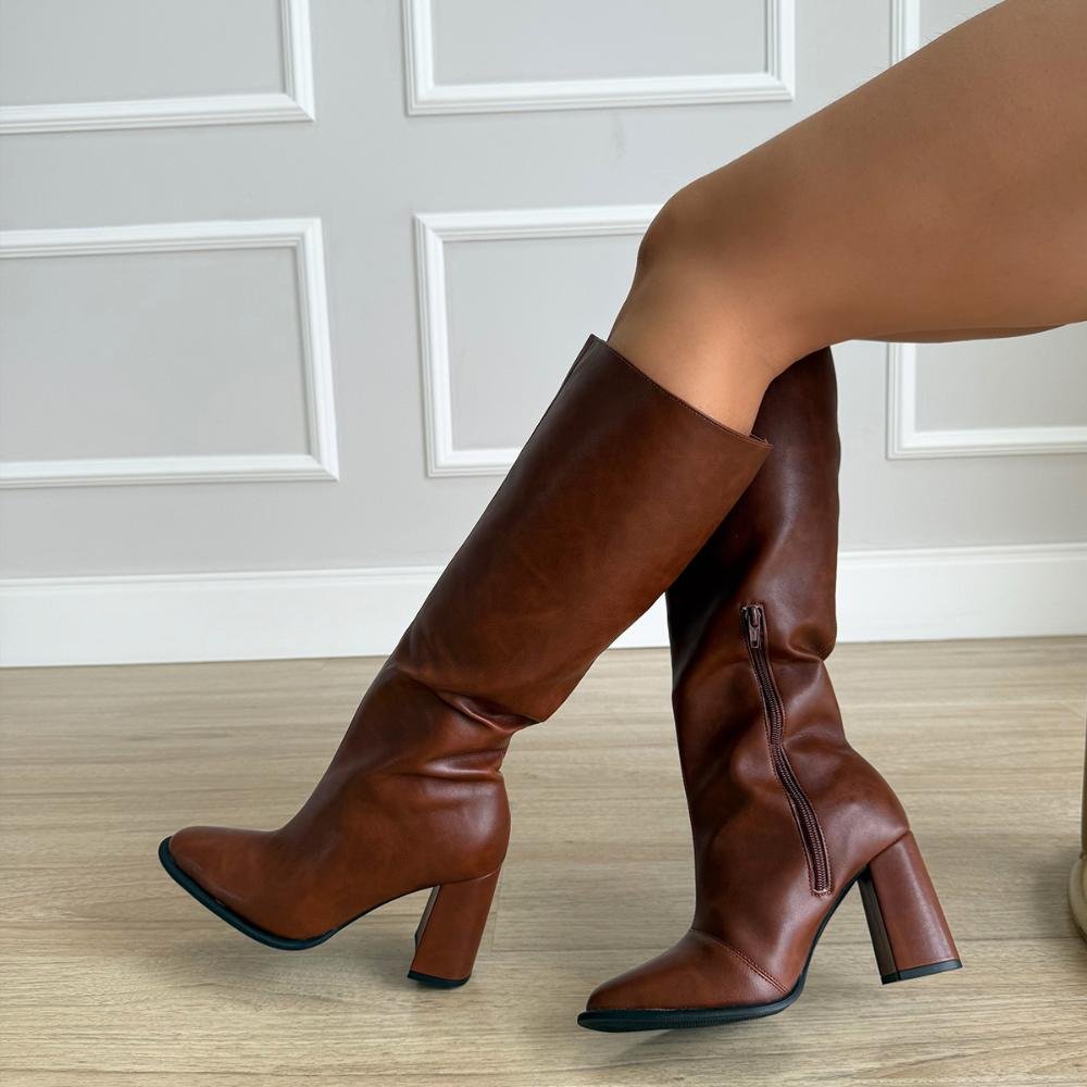 Claire - Bota Salto Bloco Cano Alto Marrom Marrom 6