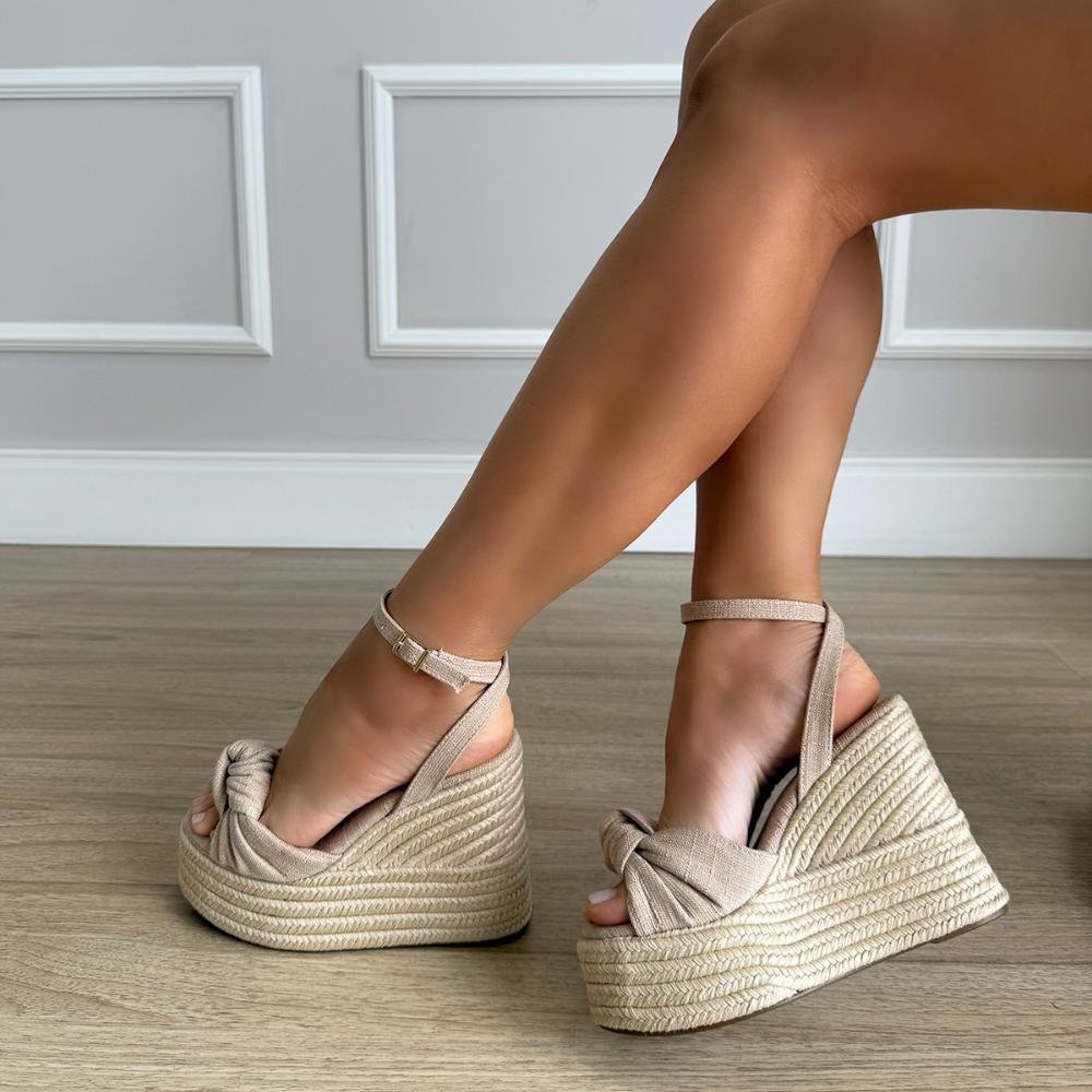 Camila - Sandália Plataforma Cordas Bege com Nó e Amarração no Tornozelo Bege 4