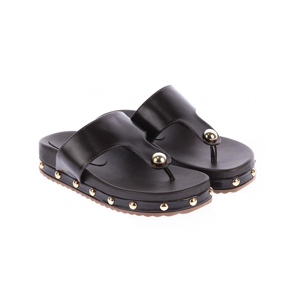 Francy - Sandália Flat Rasteira Marrom com Tachas Douradas Marrom 2