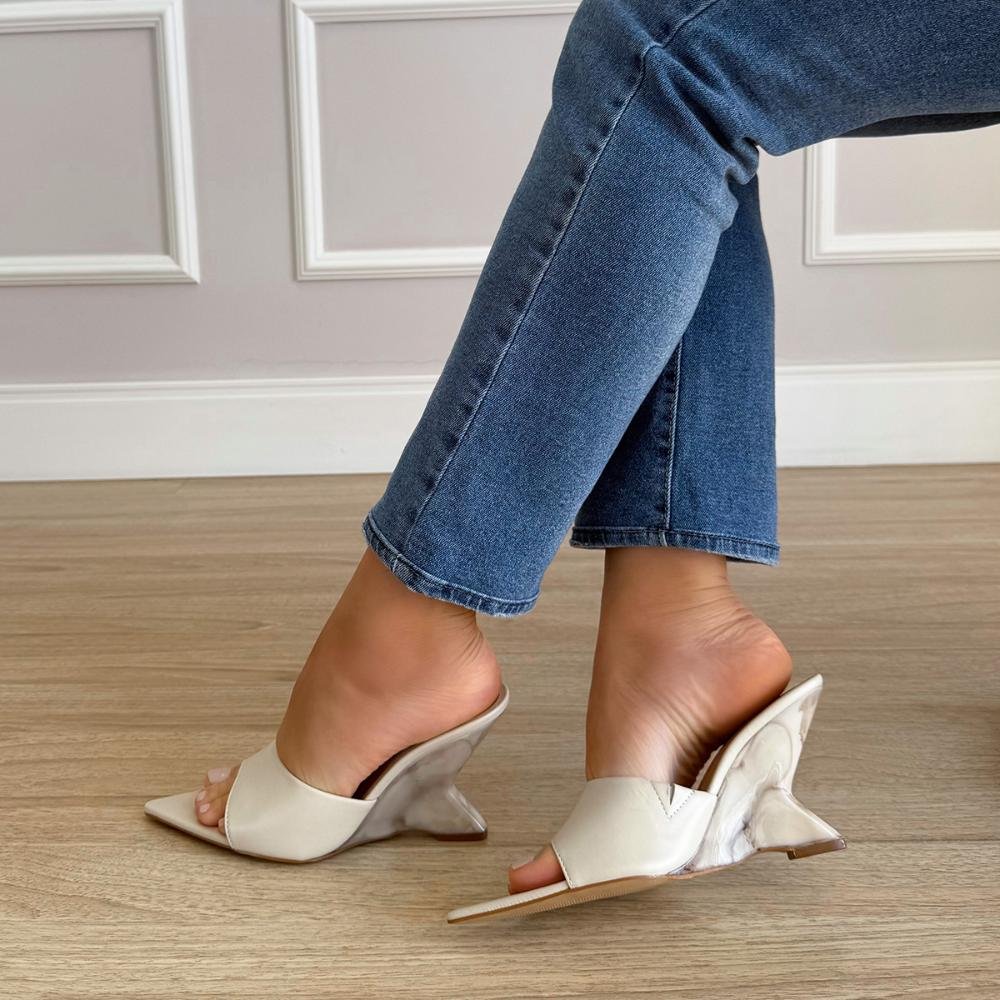 Beatriz - Tamanco Open Mule Couro Legítimo Off White Salto Mármore Off White 5