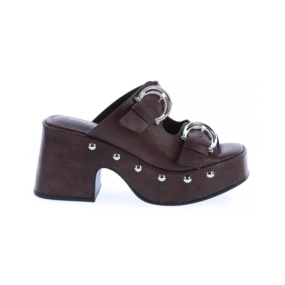 Karyn - Tamanco Plataforma Marrom Fivela Vintage com Tachas