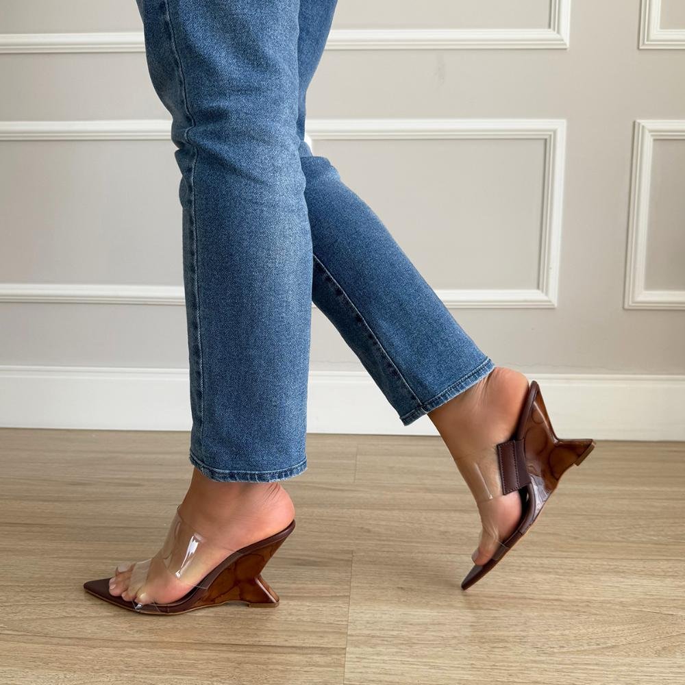 Jenny - Tamanco com Tiras Vinil Salto Mármore Marrom Marrom 4