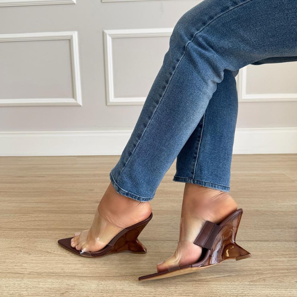 Jenny - Tamanco com Tiras Vinil Salto Mármore Marrom Marrom 5