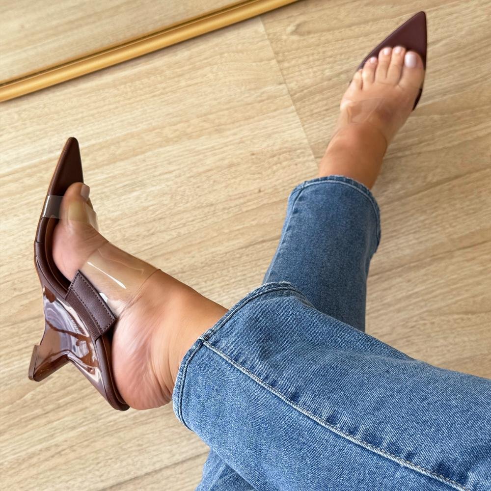 Jenny - Tamanco com Tiras Vinil Salto Mármore Marrom Marrom 7