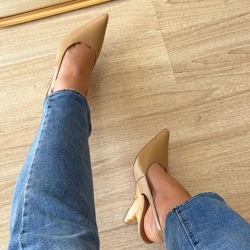 Karen - Scarpin Slingback Couro Legítimo Bege Salto Mármore Bege 4