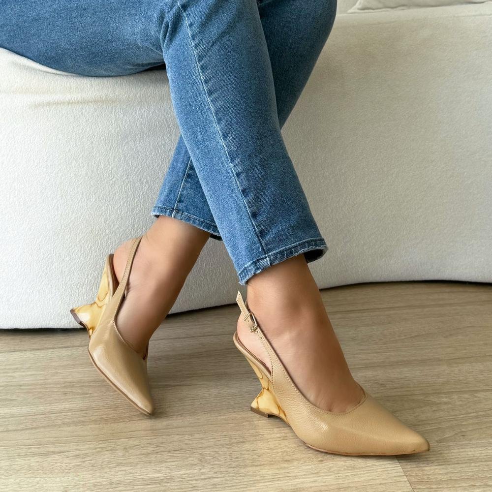 Karen - Scarpin Slingback Couro Legítimo Bege Salto Mármore Bege 5