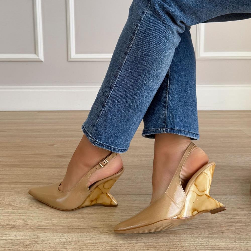 Karen - Scarpin Slingback Couro Legítimo Bege Salto Mármore Bege 6
