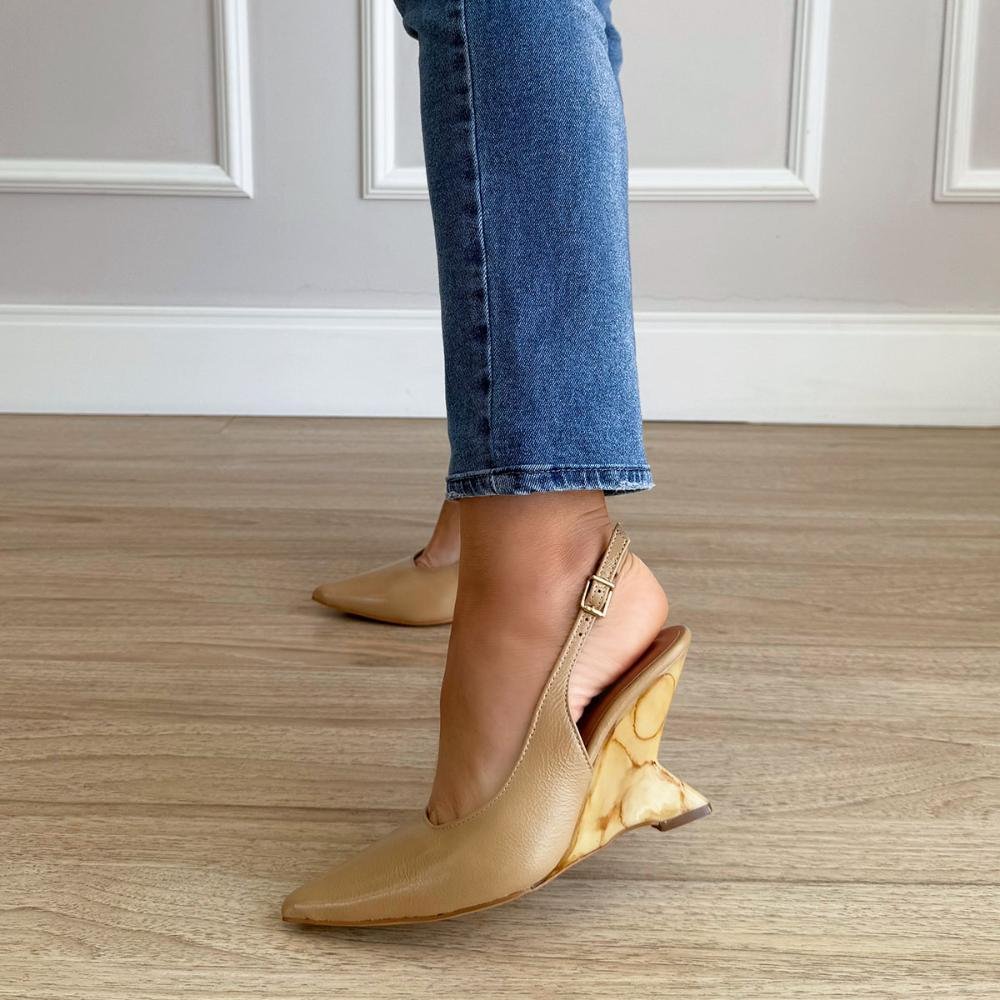 Karen - Scarpin Slingback Couro Legítimo Bege Salto Mármore Bege 7