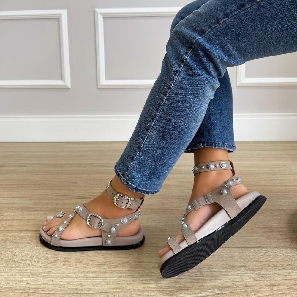 Ashley - Papete Gladiadora Cinza com Pedrarias Bege 2