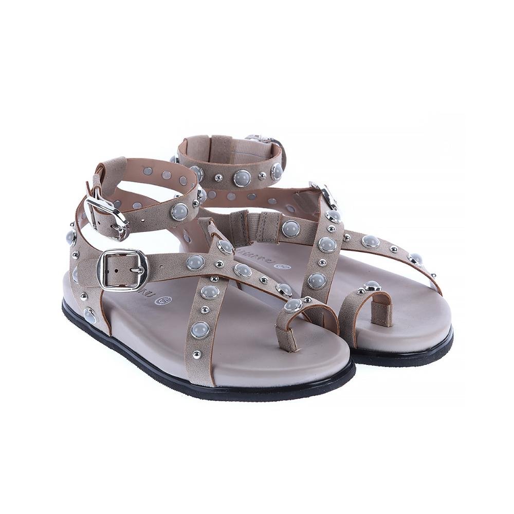 Ashley - Papete Gladiadora Cinza com Pedrarias Bege 3