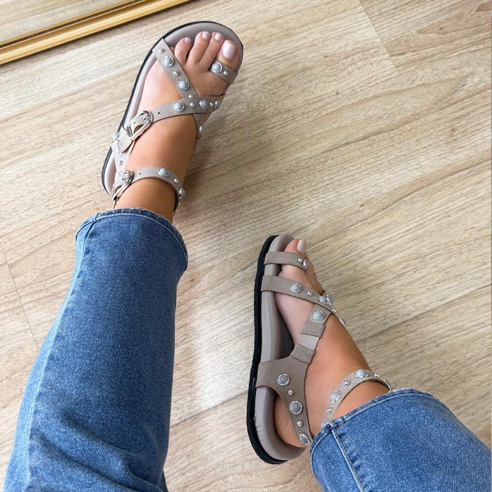 Ashley - Papete Gladiadora Cinza com Pedrarias Bege 4