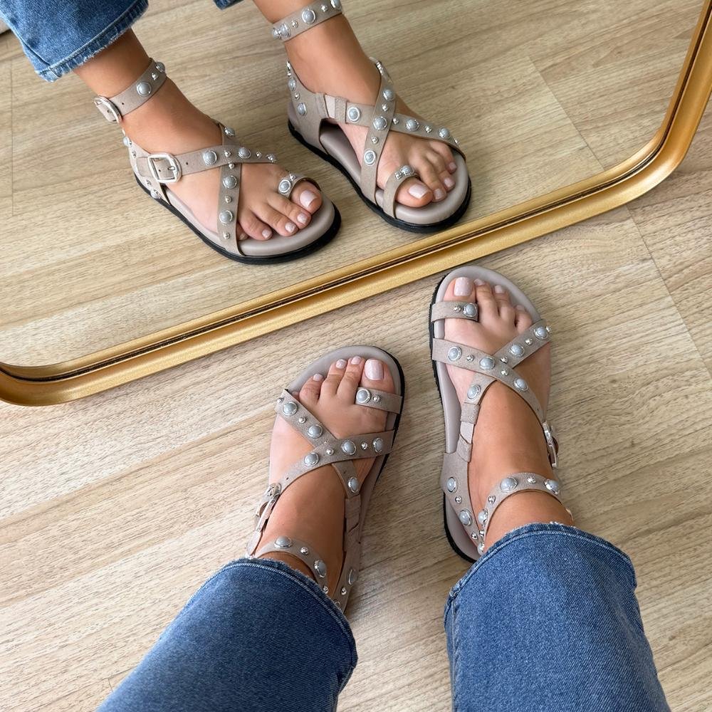 Ashley - Papete Gladiadora Cinza com Pedrarias Bege 5