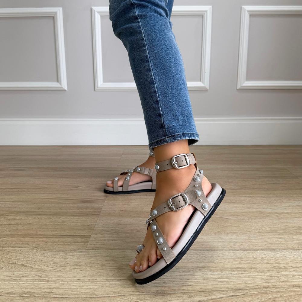 Ashley - Papete Gladiadora Cinza com Pedrarias Bege 6