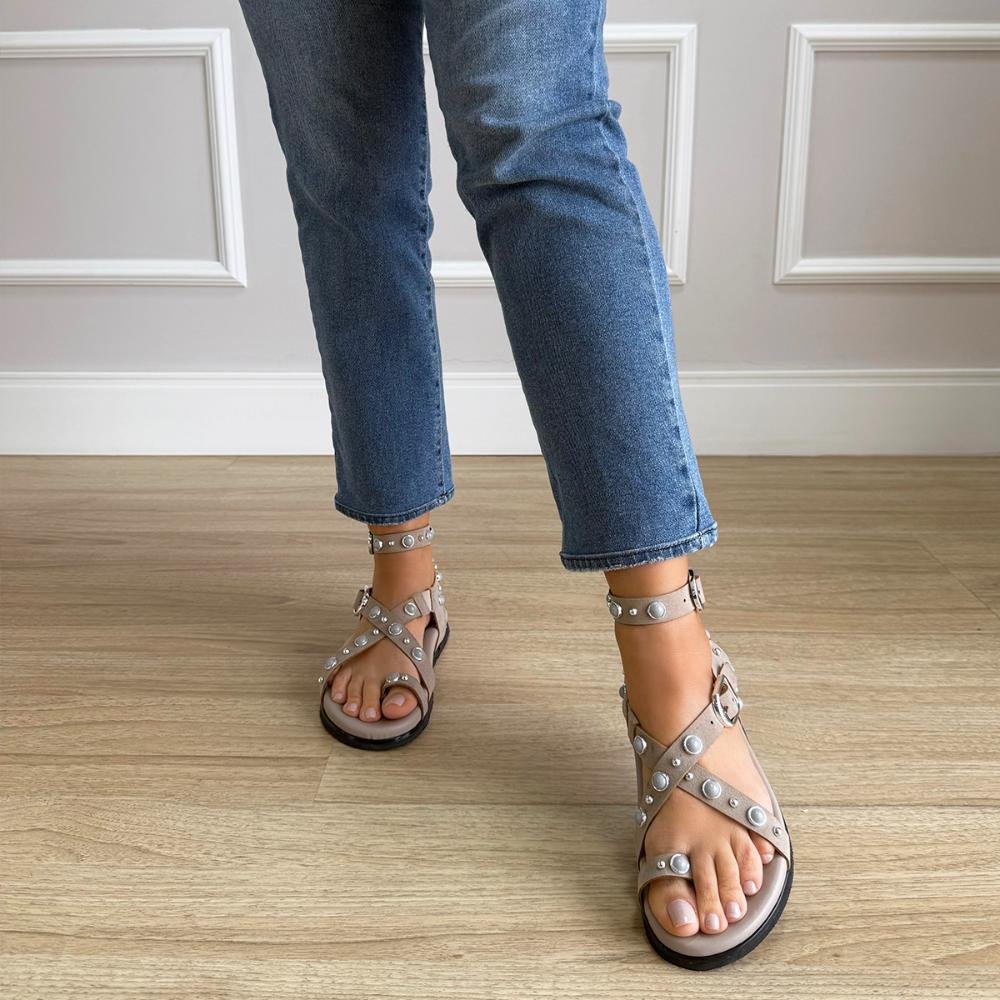 Ashley - Papete Gladiadora Cinza com Pedrarias Bege 7