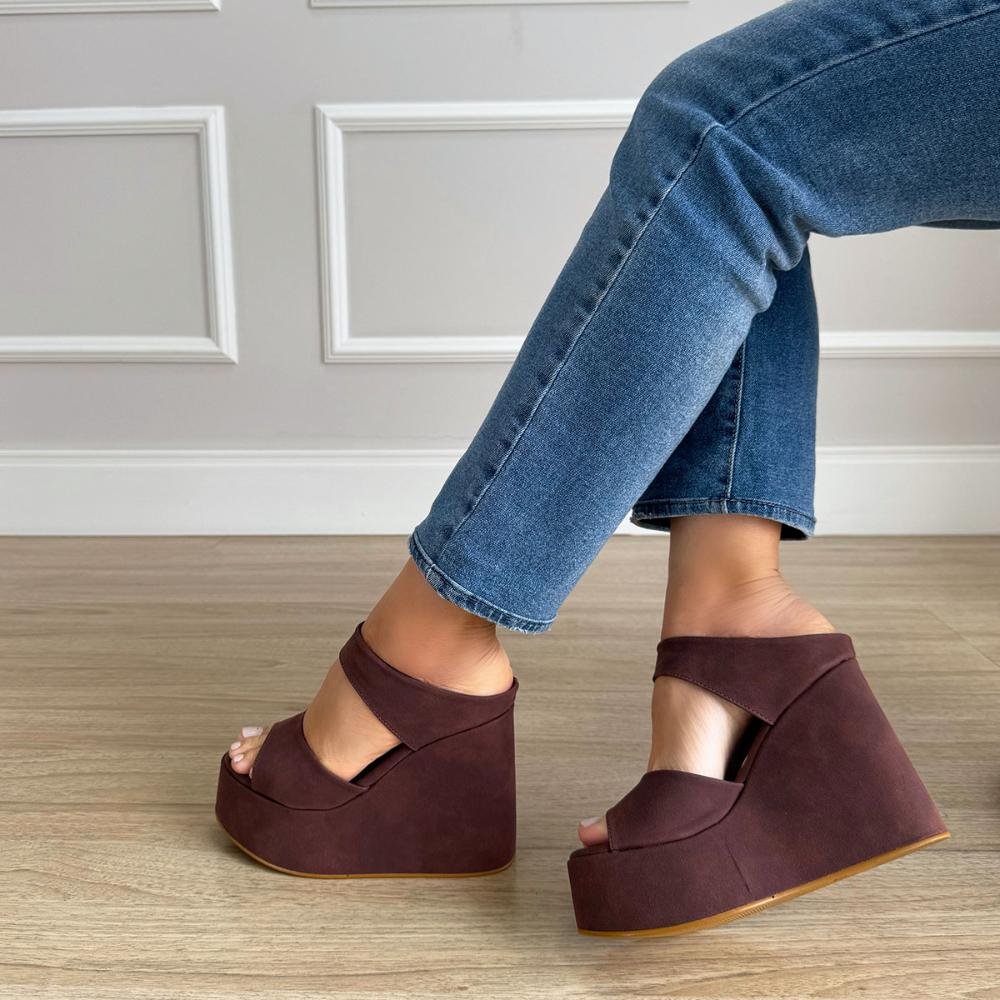 Thaís - Tamanco Plataforma Anabela Camurça Marrom Marrom 2