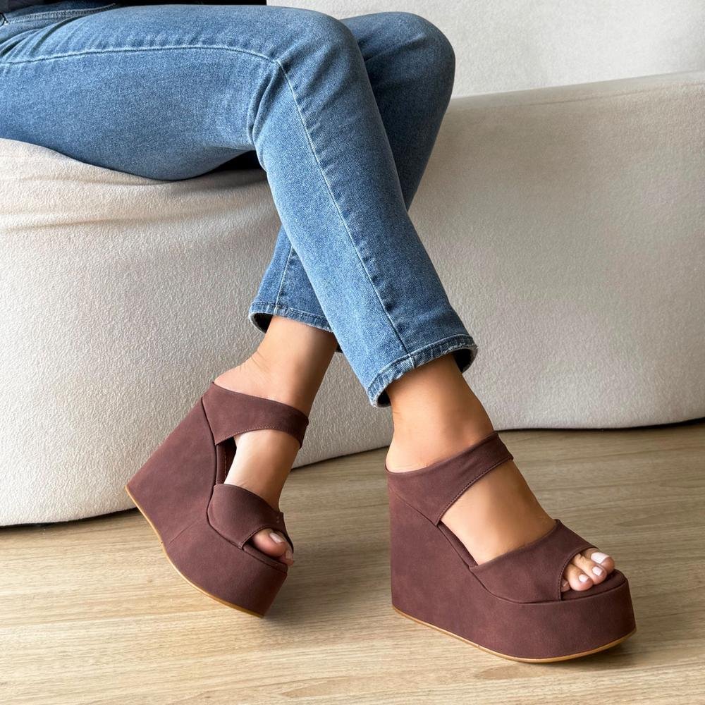 Thaís - Tamanco Plataforma Anabela Camurça Marrom Marrom 4