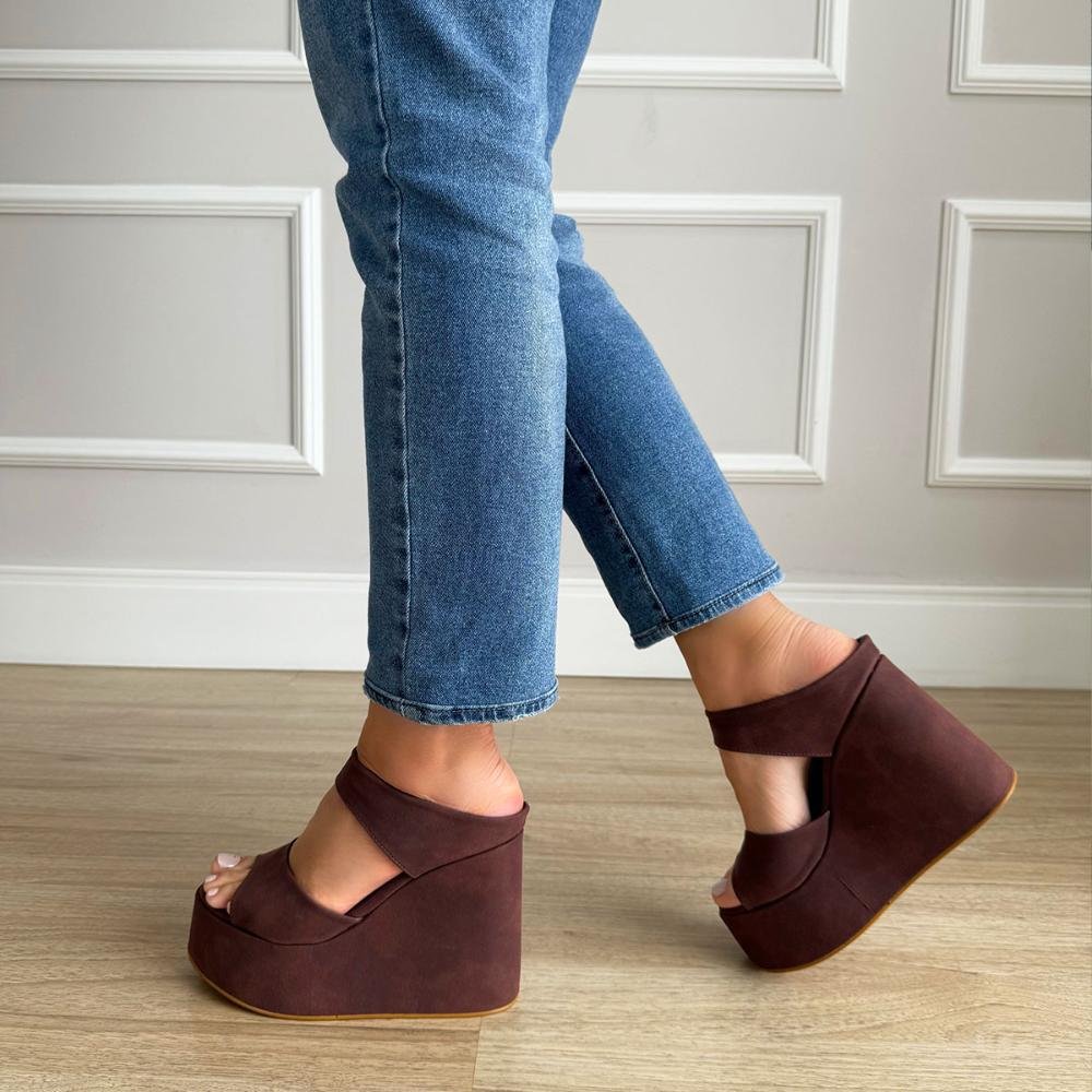 Thaís - Tamanco Plataforma Anabela Camurça Marrom Marrom 6