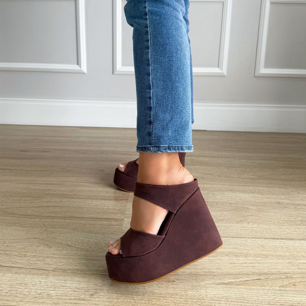 Thaís - Tamanco Plataforma Anabela Camurça Marrom Marrom 8