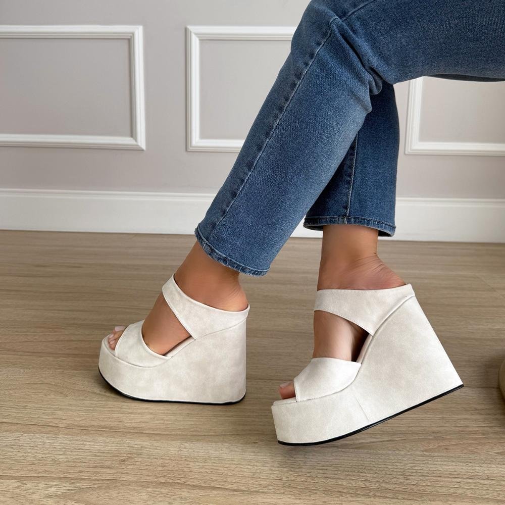 Thaís - Tamanco Plataforma Anabela Camurça Off White Off White 2