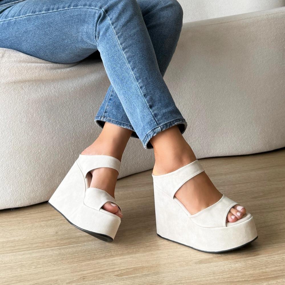 Thaís - Tamanco Plataforma Anabela Camurça Off White Off White 5