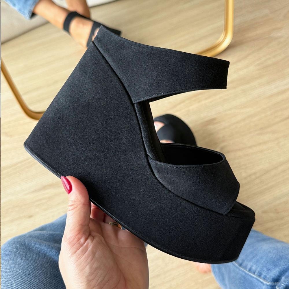 Thaís - Tamanco Plataforma Anabela Camurça Preto Preto 5