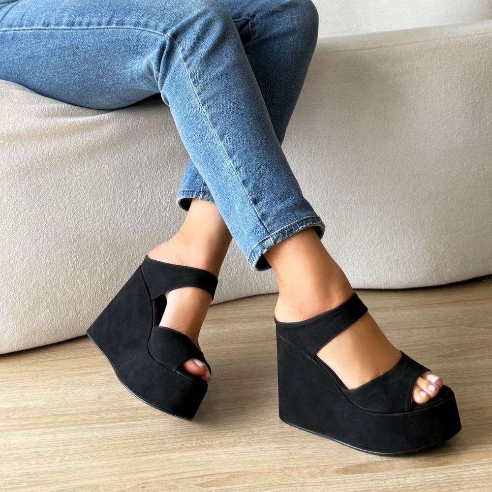 Thaís - Tamanco Plataforma Anabela Camurça Preto Preto 8