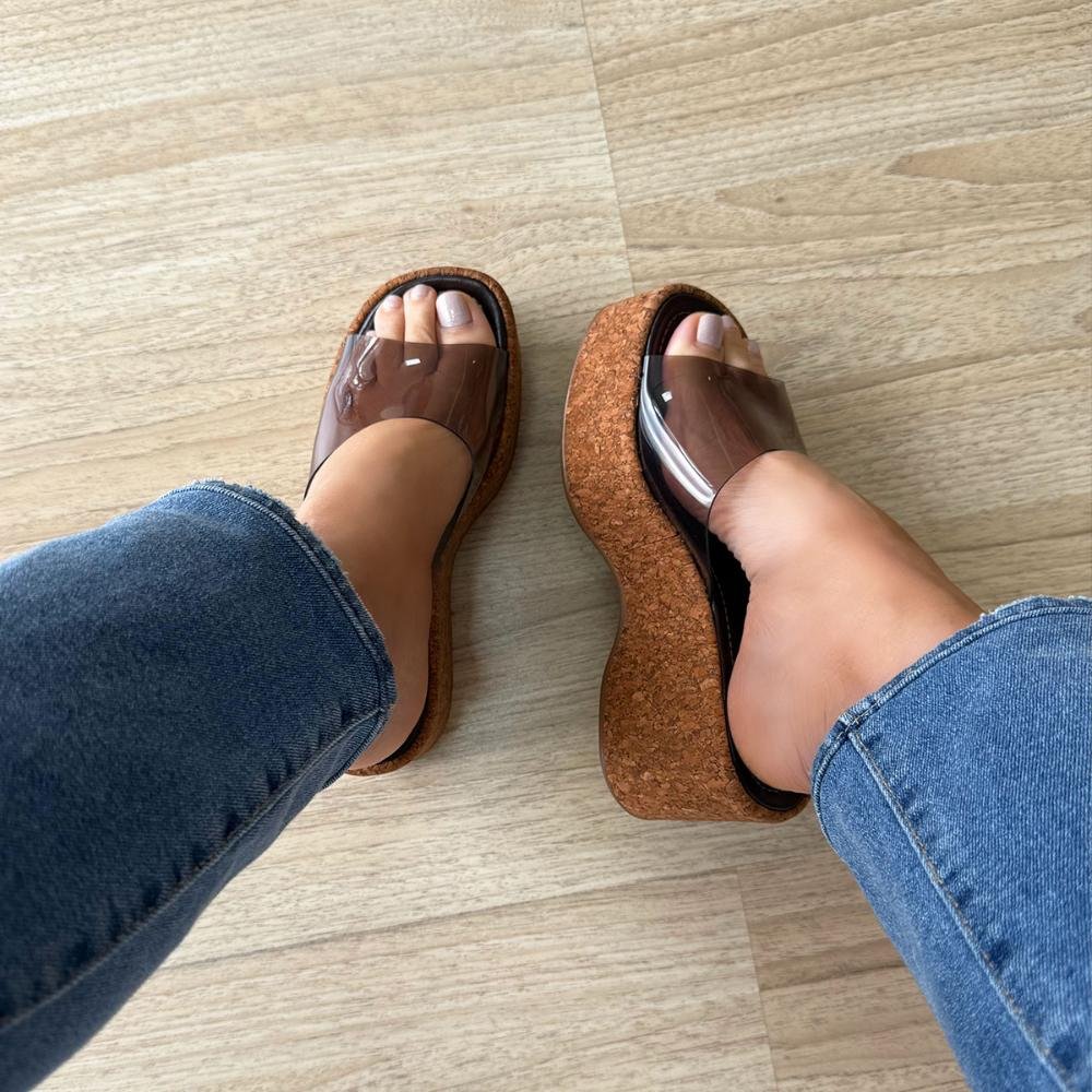 Emma - Tamanco Plataforma Feminino Vinil Marrom Solado Cortiça Marrom 2