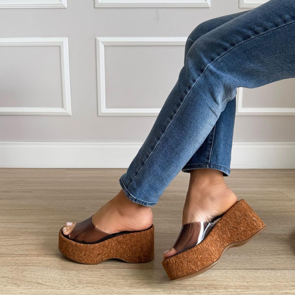 Emma - Tamanco Plataforma Feminino Vinil Marrom Solado Cortiça Marrom 6