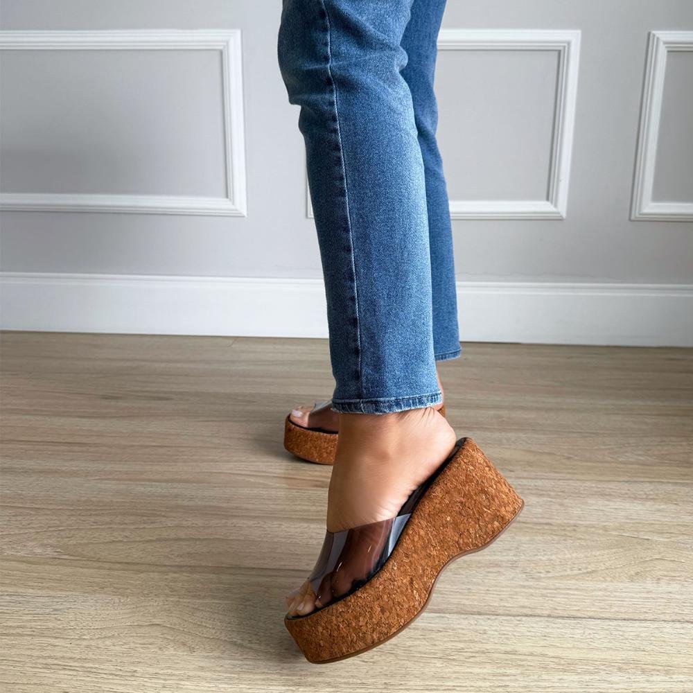 Emma - Tamanco Plataforma Feminino Vinil Marrom Solado Cortiça Marrom 7