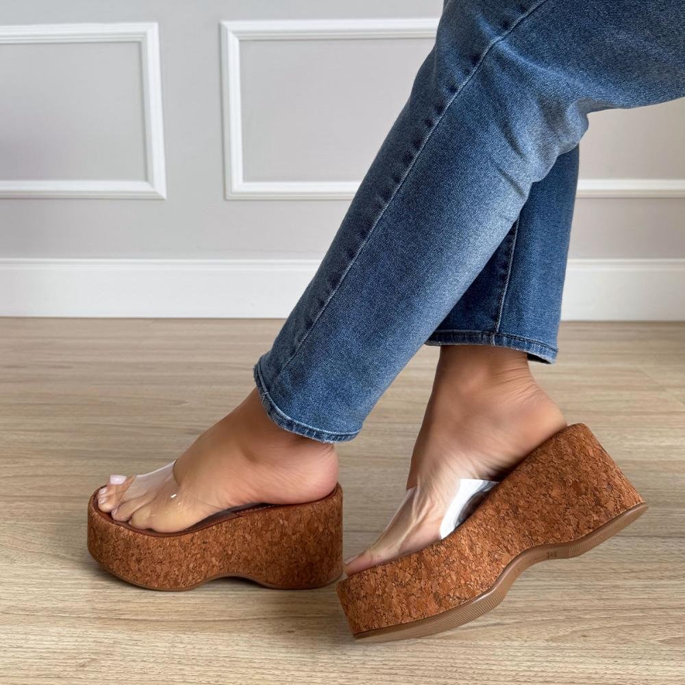 Emma - Tamanco Plataforma Feminino Vinil Transparente Solado Cortiça 4