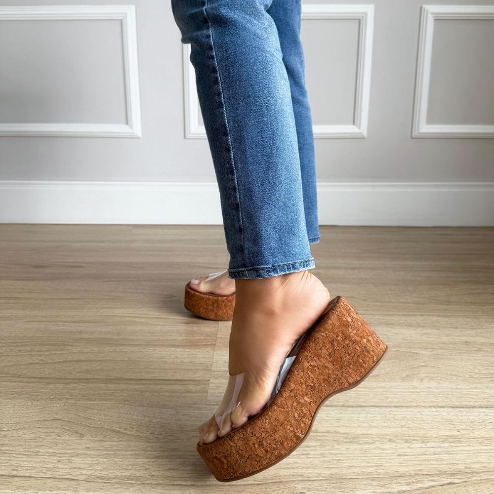 Emma - Tamanco Plataforma Feminino Vinil Transparente Solado Cortiça 8