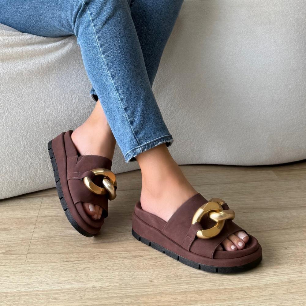 Chain - Flat Marrom Feminina com Detalhe Corrente Dourada Marrom 6