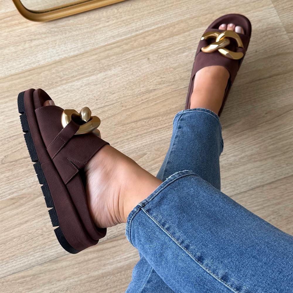 Chain - Flat Marrom Feminina com Detalhe Corrente Dourada Marrom 7