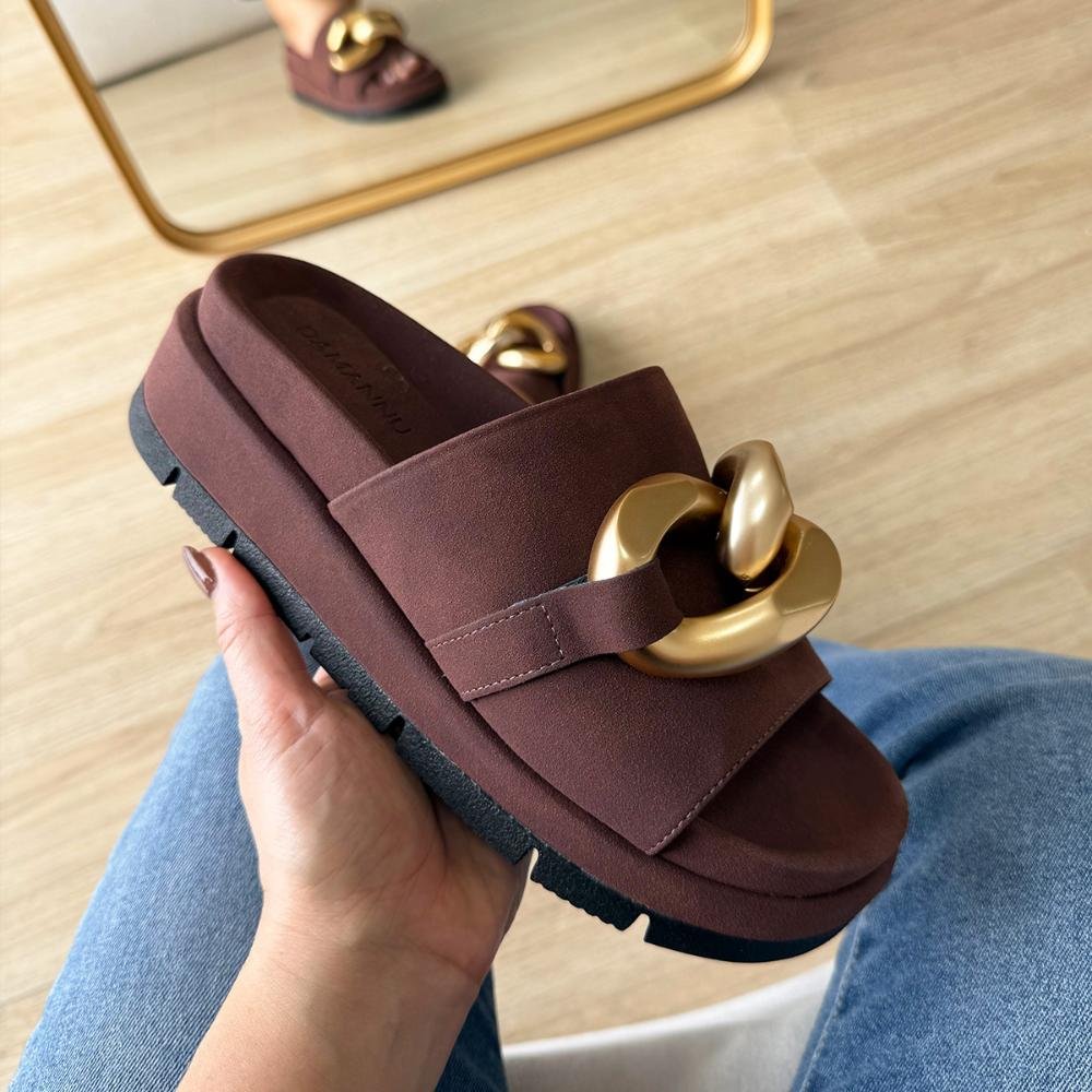 Chain - Flat Marrom Feminina com Detalhe Corrente Dourada Marrom 8