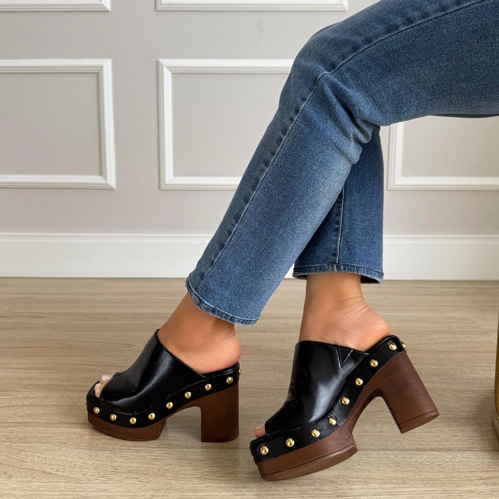 Jessica - Tamanco Plataforma Preto Salto Bloco com Tachas Preto 2