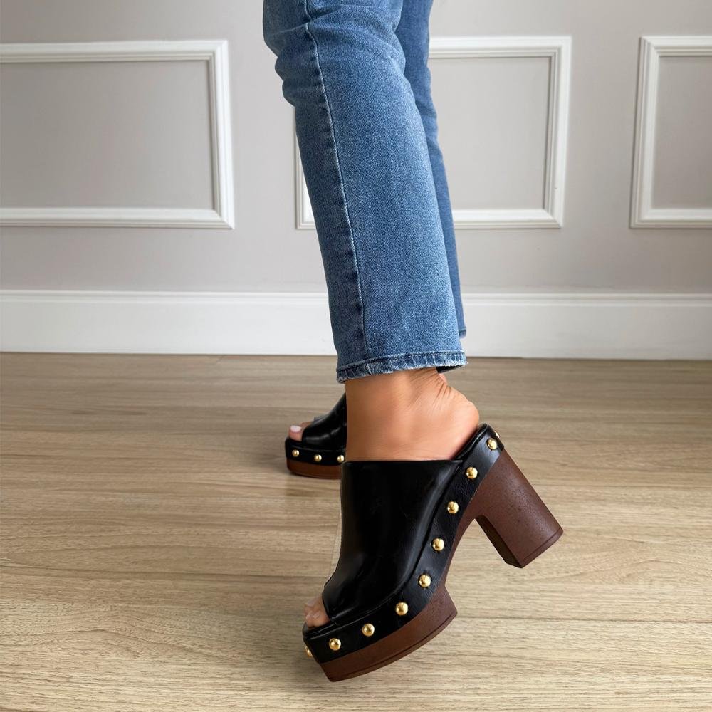 Jessica - Tamanco Plataforma Preto Salto Bloco com Tachas Preto 5