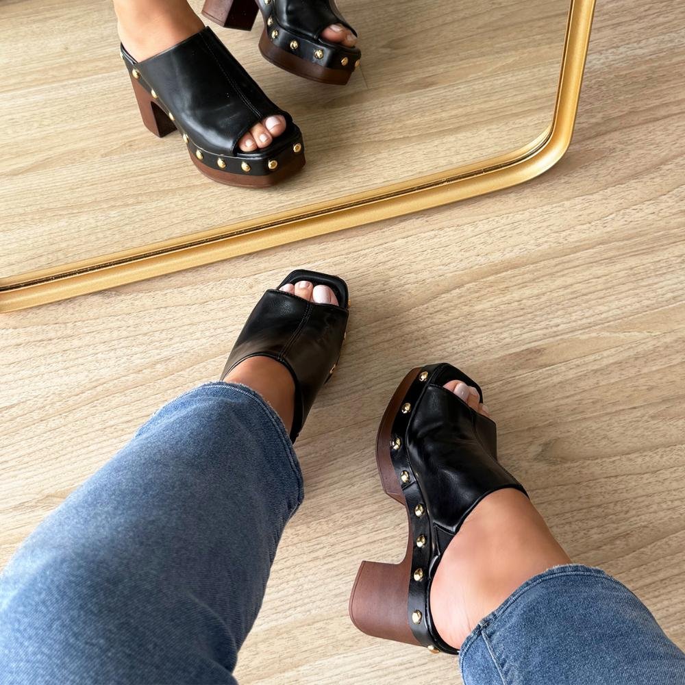 Jessica - Tamanco Plataforma Preto Salto Bloco com Tachas Preto 7