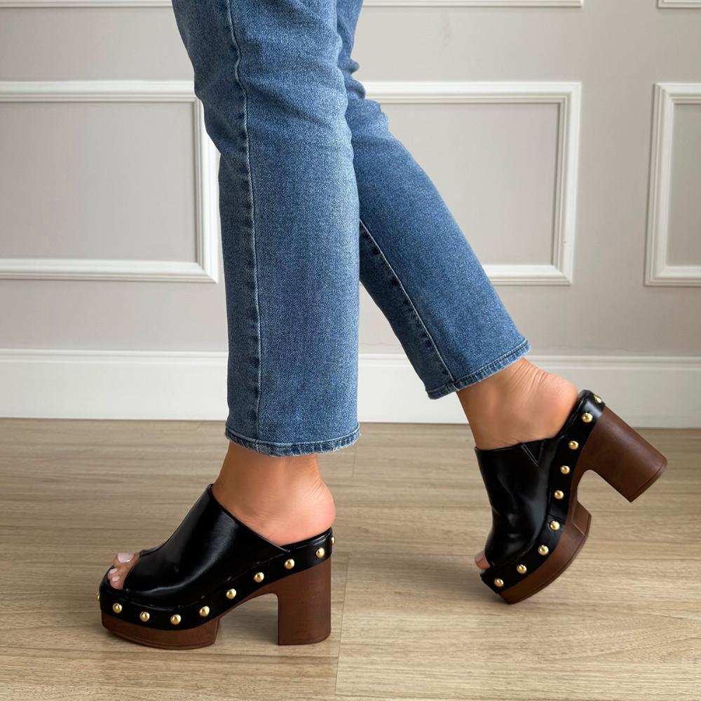 Jessica - Tamanco Plataforma Preto Salto Bloco com Tachas Preto 8