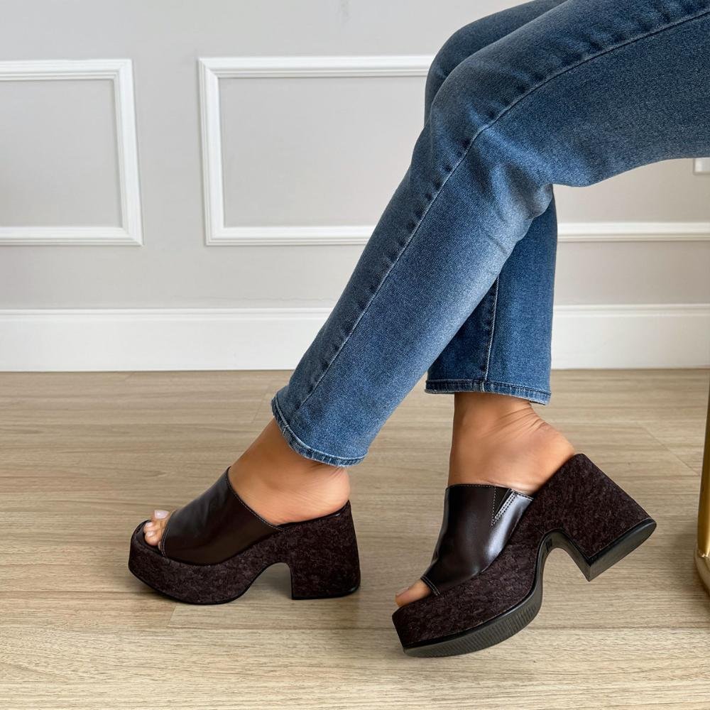 Alicia - Tamanco Plataforma Marrom Salto Bloco Solado Cortiça Marrom 2