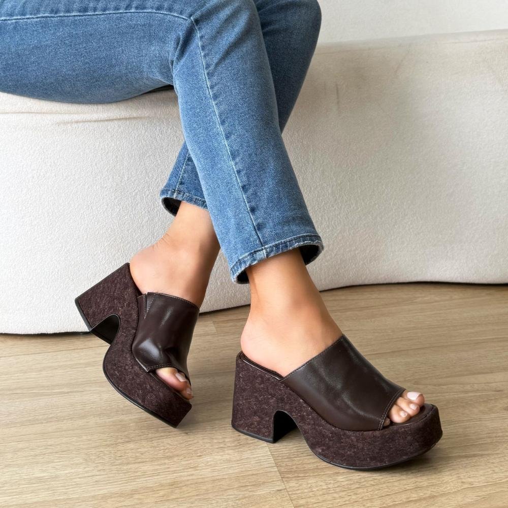 Alicia - Tamanco Plataforma Marrom Salto Bloco Solado Cortiça Marrom 6